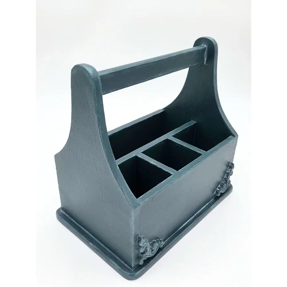 Rustic Teal Wooden Organizer Caddy – Multi‑Slot Desk Storage